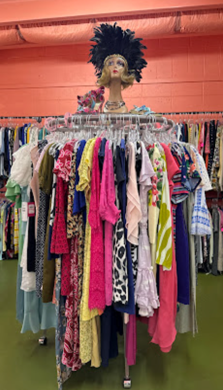 Colorful clothing rack at a Panama City thrift store